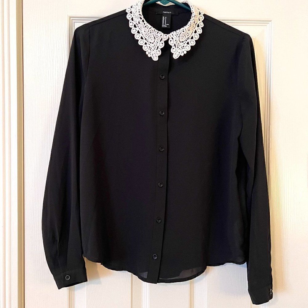 Forever 21 Black Semi Sheer Blouse with Creamy White Cotton Lace Collar- Medium